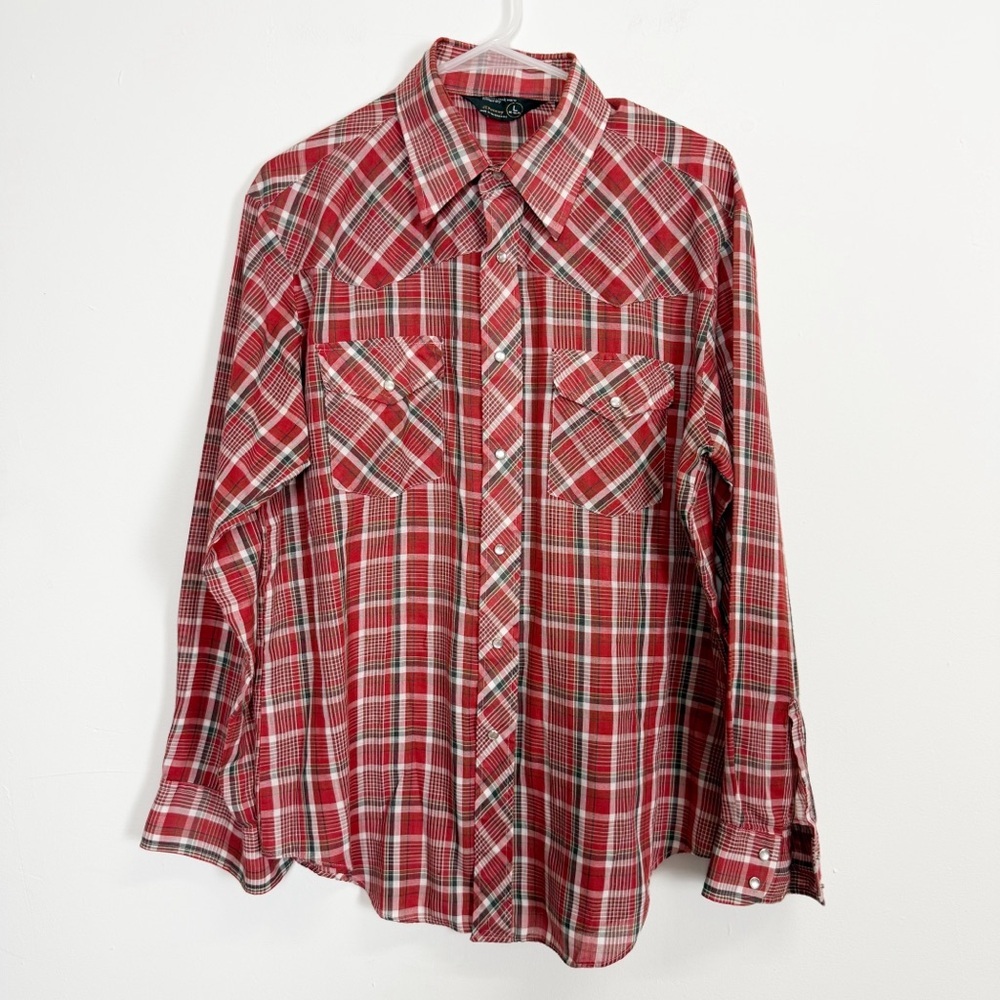 JCPenney VTG Western Pearl Snap Plaid Long Sleeve Shirt Mens Large 16 16.5 Red